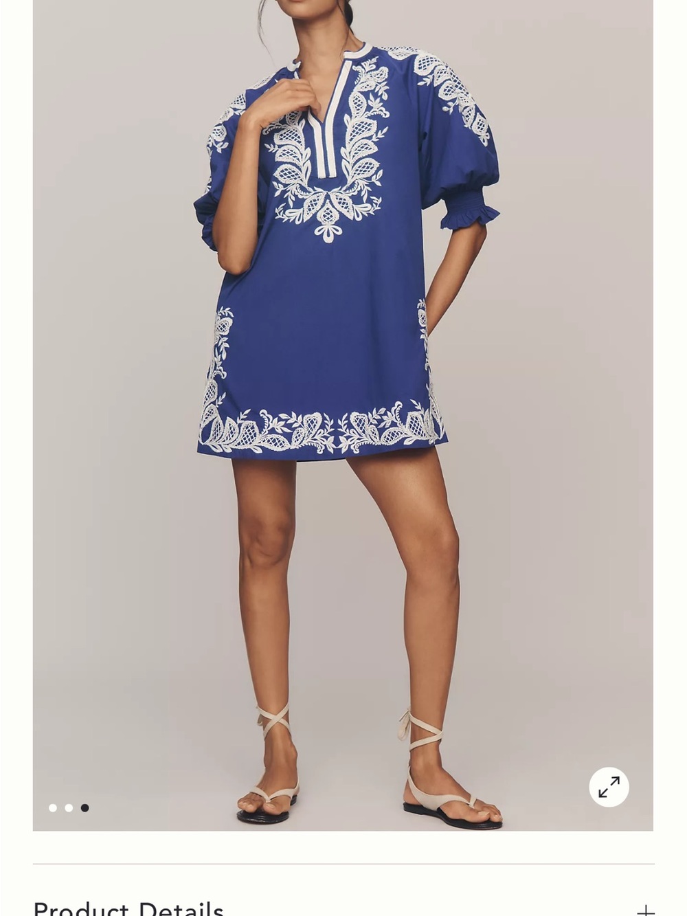Anthropologie Royal Blue Tunic Dress with White Embroidery - Picture 3 of 3